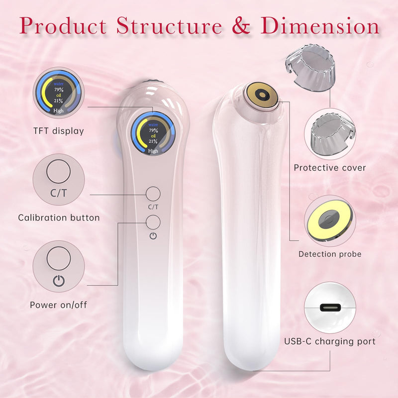 Portable Skin Hydration Tester Home Use, Real-Time Skin Moisture Meter Testing Water & Oil Level with TFT Display, Fast & Accurate Mode Face & Body Hydration Monitor, Skincare Gifts for Women