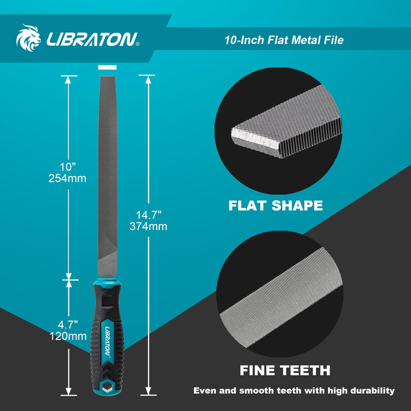 [Australia - AusPower] - LIBRATON 10-Inch Flat Metal File, Metal File Tool, High Carbon Steel File with Ergonomic Handle, Hand File for Metal, Metalworking, Wood, Plastic, Flat File for Refining, Shaping and Scraping flat-10inch 