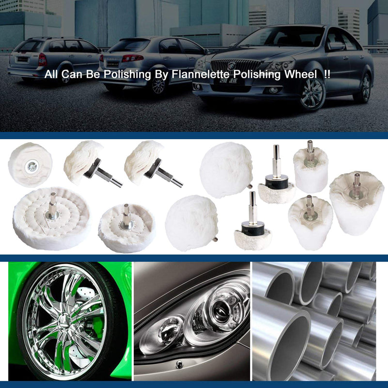 [Australia - AusPower] - Polishing Pad Buffing Wheel Kit White Flannelette 12 Pack, Buffing Wheel for Drill for Metal Aluminum Stainless Steel Chrome Wood Plastic Ceramic Glass Woods Fabric Cotton Machine Jewelry etc 12 PCS 