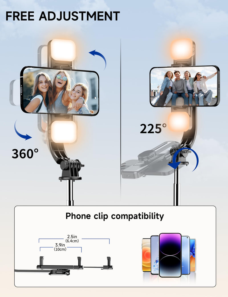 [Australia - AusPower] - 45" Selfie Stick Tripod with 2 Lights, Extendable 5 in 1 Selfie Stick Phone Tripod, Portable Selfie Sticks with Wireless Remote Compatible with iPhone 15/14/13 Pro Max, Samsung, Android, Gopro Black(with 2 Light) 
