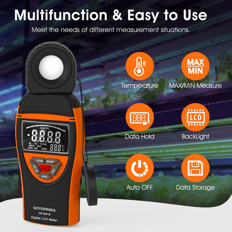 [Australia - AusPower] - Illuminance Light Meter, Digital Lux Foot Candles Meter 0.1~400,000 Lux (0.1~40,000 FC) with 270º Rotatable Detector, Lumen Meter Luxmeter for Indoor Outdoor 