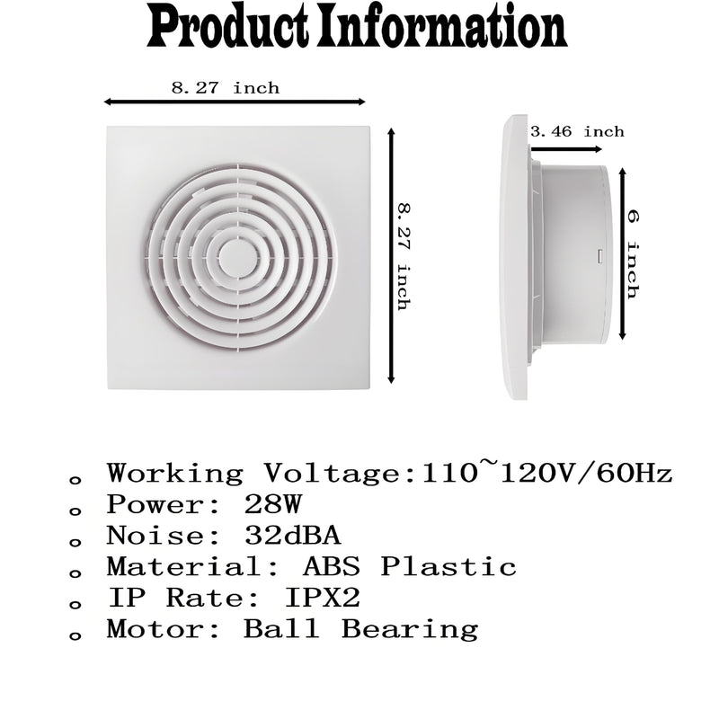 6 Inch Exhaust Fan Bathroom Exhaust Fan Damper ABS Waterproof Ventilation Fan for Kitchen Garage Bedroom Home Office Ceiling window & Wall Mount White