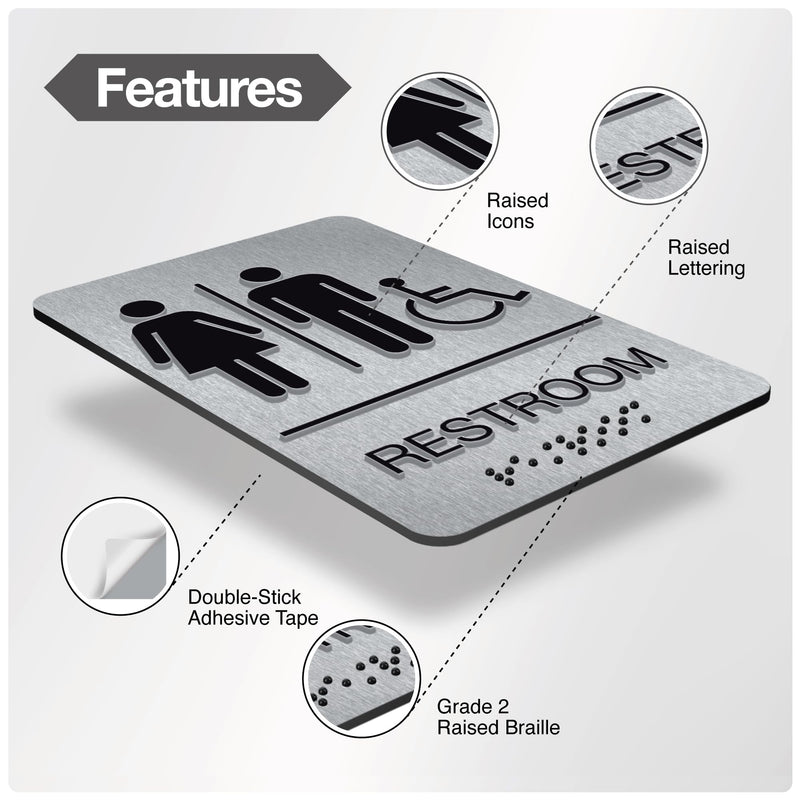 ADA Braille Unisex Handicap Restroom Signs for Business with Double Sided 3M Tape (Pack of 4) - Aluminum Handicap Unisex Bathroom Sign 9” x 6” for Offices and Restaurants Unisex Handicap Aluminum Pack of 4