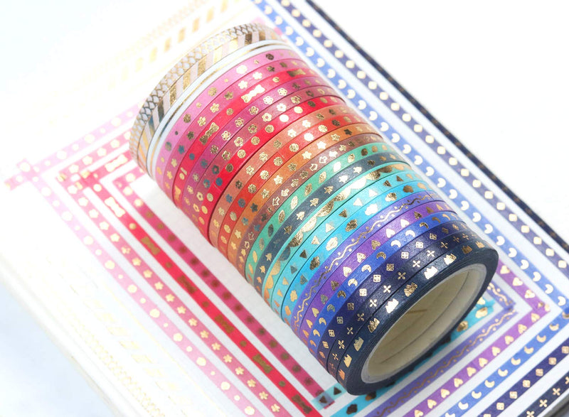 YUBBAEX 24 Rolls Skinny Washi Tape Set Gold Foil Print Decorative Tapes for Arts, DIY Crafts, Journals, Planners, Scrapbooking, Wrapping (Slim 3mm) Slim 3mm