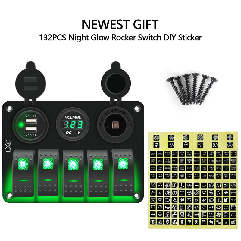 FXC 5 Gang Rocker Switch Aluminum Panel with Dual USB Slot Socket 5V 3.1A + Volt Meter + Cigarette Lighter for Marine Boat Car Rv Vehicles Truck 12-24V Waterproof (5Gang Green)
