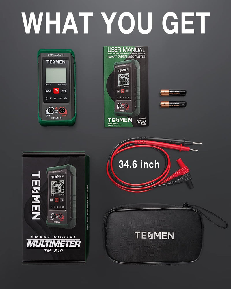[Australia - AusPower] - TM-510 Digital Multimeter, 4000 Counts, Smart Measurement, Auto-Ranging Voltmeter; Voltage Tester with Non-Contact Voltage Function, Measures AC/DC Voltage, Resistance, Continuity – Green TM-510 Smart Digital Multimeter 