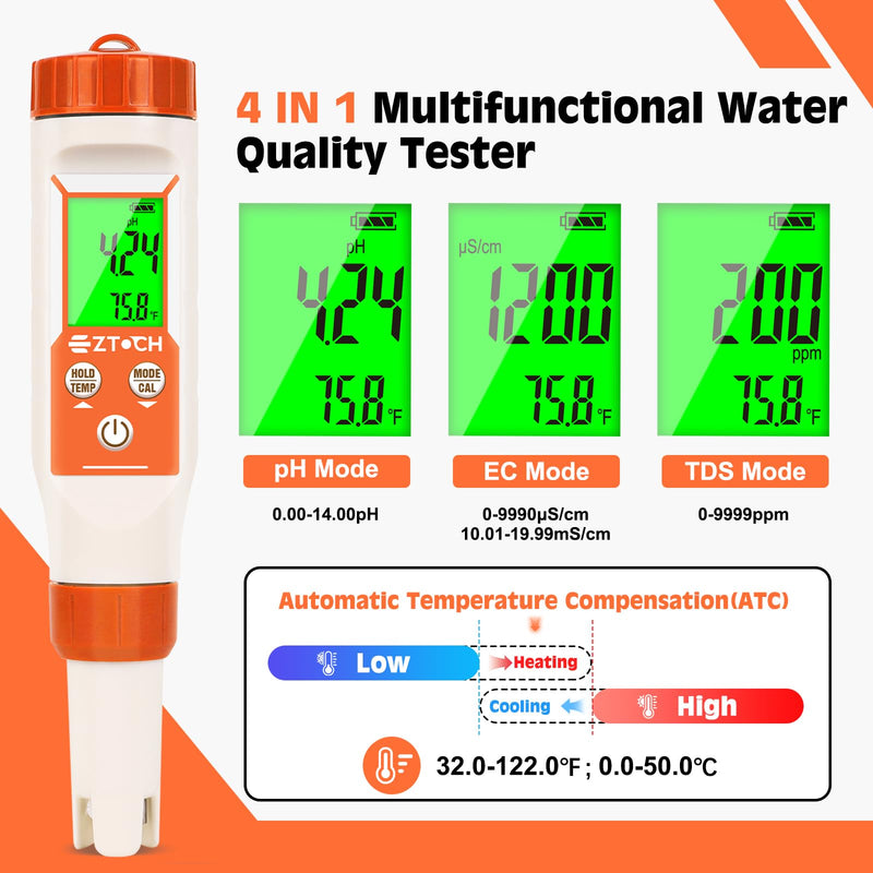 pH Meter for Water, Smart pH TDS EC Meter for Water Hydroponic, 4 in 1 pH Conductivity PPM Temp Meter for Drinking Water, Brewing, Aquarium, Pool, Spa
