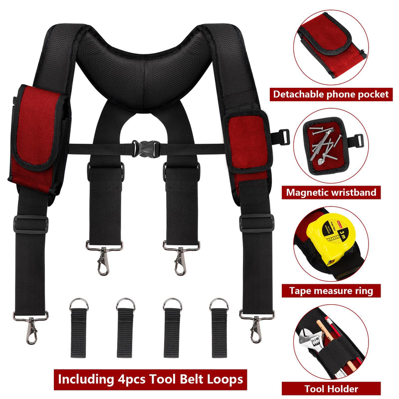 Tool Belt With Suspenders, 24 Pockets Tool Bag with Magnetic Wristband, Detachable Tool Pouch Bag, Adjustable Waists for Men Electrician Carpenter Construction (Red) TBS01-Red