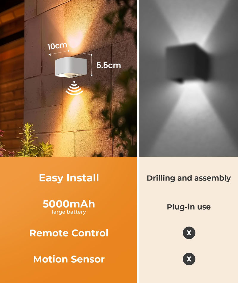 FULEN Motion Sensor Wall Light with Remote Control 3 Colors Wireless Wall Sconces LED Indoor Up and Down Wall Lamp 5000mAh Rechargeable Battery Powered Wall Lamps Brightness Adjustable, White 2 Pack White - 2 Pack