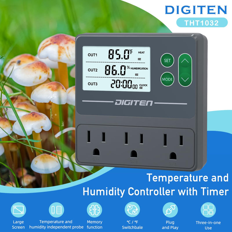 [Australia - AusPower] - DIGITEN Temperature and Humidity Controller with Timer - 3 Outlet, 2 Separate Probes, Plug in Temperature Controller for Reptiles,Snake, Mushrooms, Tent, Triple Control for Temp,Humidity,Time 