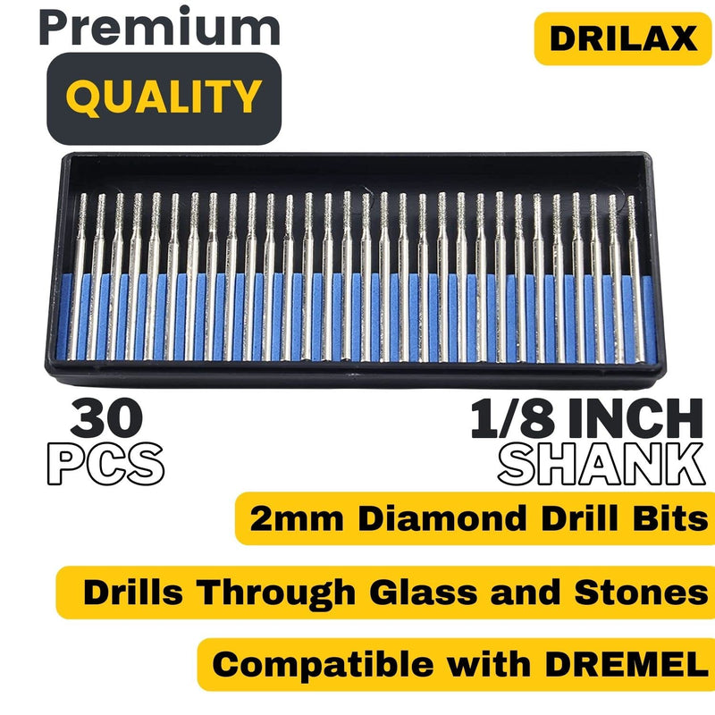 [Australia - AusPower] - Diamond Drill Bits 2mm 30 pcs Diamond Jewelry Drill Bits for Sea Glass Shells Gem Stones Lapidary Equipment Compatible with Dremel Diamond Drill Bits for Glass Diamond Tipped Drill Bit Burrs 