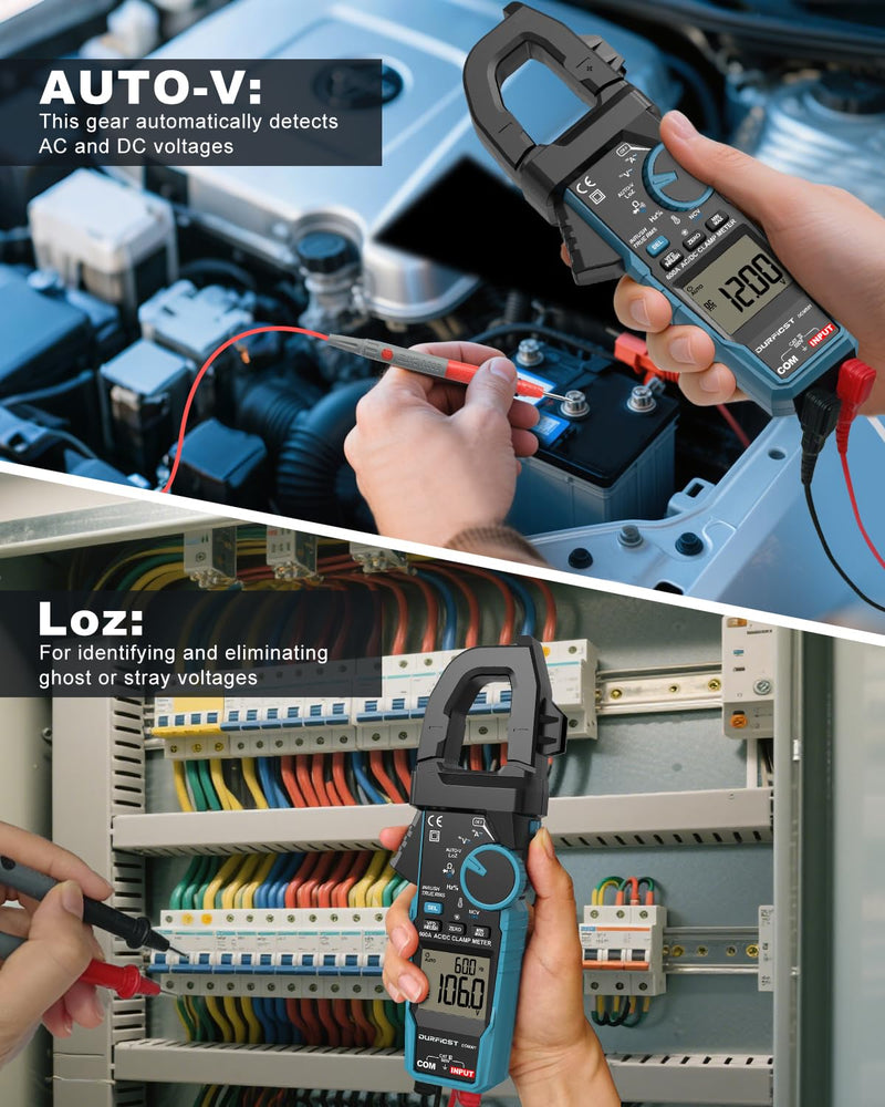 [Australia - AusPower] - Clamp Meter DURFICST Digital Inrush Clamp Multimeter AC/DC 600A 6000 Counts Amp Voltage Tester with VFD, LOZ Mode，Measures AC/DC Current Voltage NCV Temperature Resistance Capacitance Frequency 