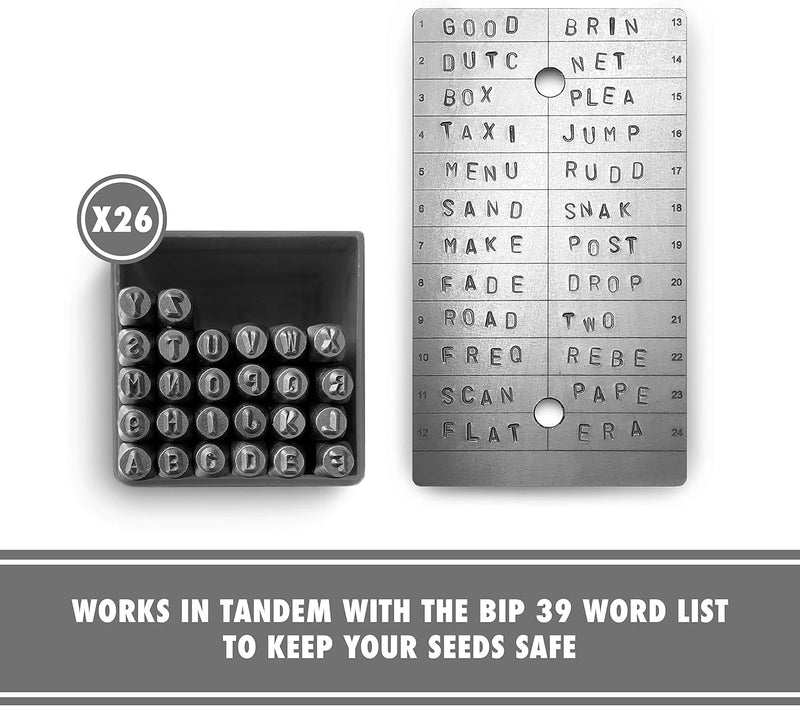 ColdTi - Titanium Bitcoin Seed Plates for Ultra-Secure Crypto Seed Phrase Storage (2 Plates, Punch Set & Seals) - Premium Seed Phrase Metal - Alphabetic Punch Set Included