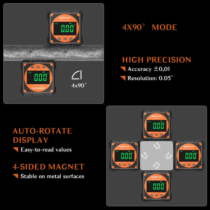 4-side Magnetic Digital Angle Gauge with Laser(Class 2, ＜1mW Output), 4 * 90° Rechargeable Electronic Inclinometer Protractor Level Gauge for Woodworking Tablesaw Orange