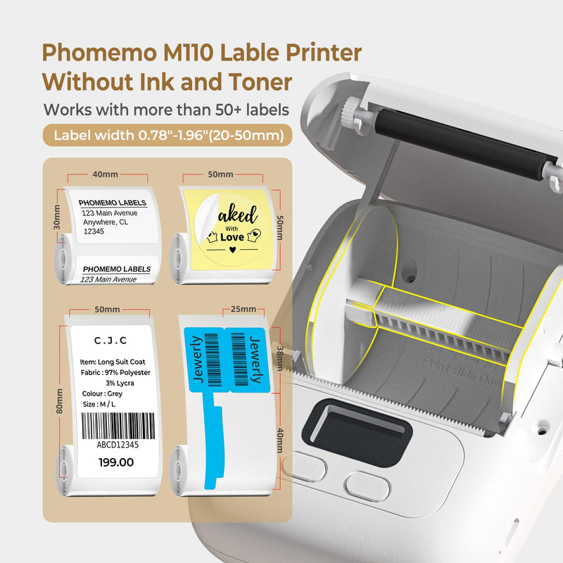 Memoqueen M110 Label Makers - Portable Bluetooth Thermal Label Maker Machine,Label Printer for Name, Barcode, Clothing, Jewelry, Retail, Mailing, for Android & iOS, with 1Pack 40×30mm Label, White