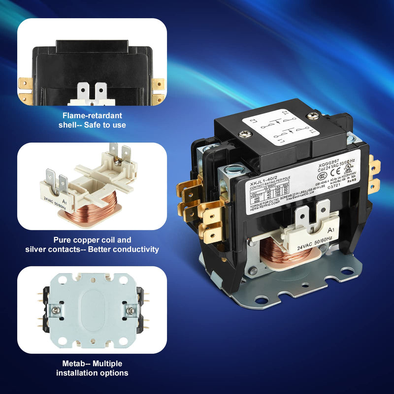 2 Pole AC Contactor, Haoguo Heavy Duty 40Amp 24V Coil Air Conditioner Contactor Condenser Compressor Contactor, Definite Purpose Contactor