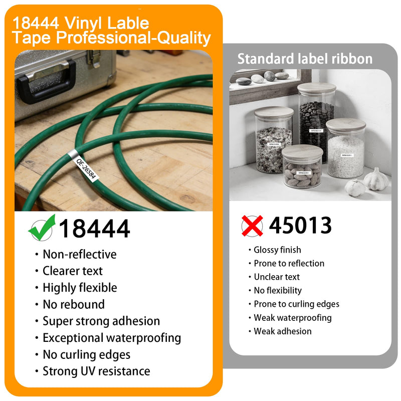 18444 White Tape Compatible with Dymo Rhino A18444 Industrial Permanent Vinyl 12mm 0.47'', Black on White Work for 4200 5000 5200 6000 3000 Label Maker Tape Refills, 3 Pack 12mm x 5.5m