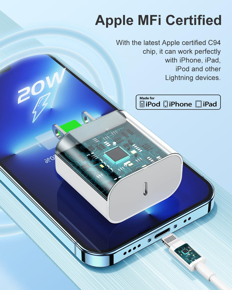 [Australia - AusPower] - iPhone 14 13 12 Charger Fast Charging, 2 Pack 20W Fast PD USB C Wall Charger Adapter with 3Pack 6Ft USB C to Lightning Cable (MFi Certified) for 14/14 Plus/14 Pro/14 Pro Max/13/ White iPhone 14-6FT 