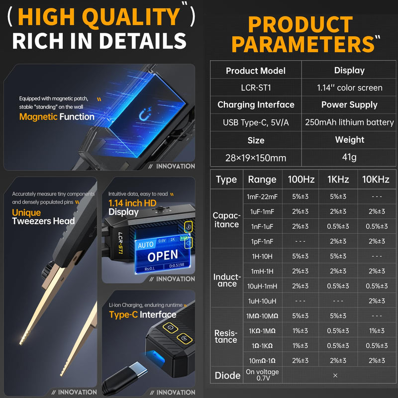 [Australia - AusPower] - LCR Measuring Tweezers 10 kHz, Intelligent SMD Mini Tester, Continuity Tester for Inductance of Capacity, Automatic Detection of Components, Electronic Component Analyzed 