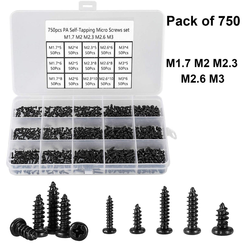 [Australia - AusPower] - 750 Pcs Small/Micro/Tiny/Mini Self-Tapping Screws, M1.7-M3 Phillips Pan Head, Cross Recessed, DIY Electronic, Carbon Steel (Black) 