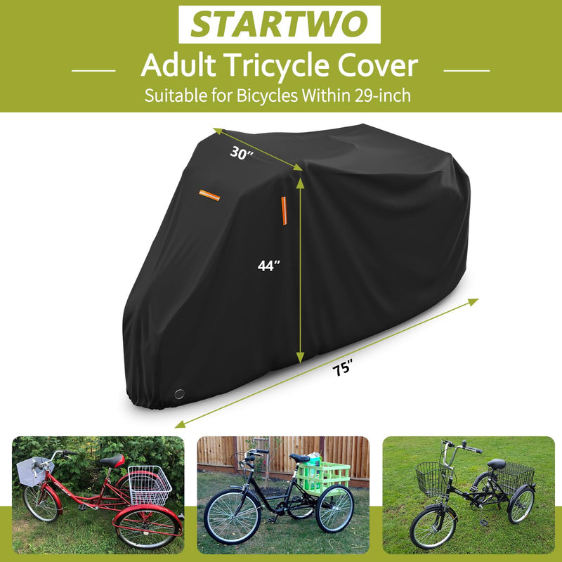 STARTWO Adult Tricycle Electric Trike Cover, Bike Storage Outdoor Waterproof, Windproof Bicycle Protective, Dustproof Bike Covers Black 210D Oxford Cloth with PU Coating