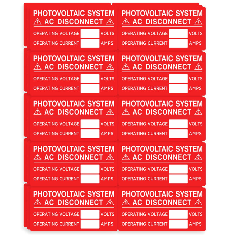 30X Solar Labels Pack - Photovoltaic System AC Disconnect - Operating Current AMPS - UV Resistant Vinyl(4"X 2")