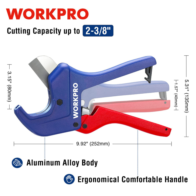 WORKPRO Ratchet PVC Pipe Cutter Tool, Up to 2-1/2", Pex Cutting Tool for Cutting PEX, PVC, PPR, and Plastic Hoses with Sharp 5Cr15MoV Stainless Steel Blades, Suitable for Home Repairs and Plumbers 2-1/2"(63mm)