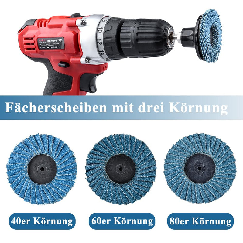 [Australia - AusPower] - Treki Pack of 15 Mini Flap Discs for Drill, 40/60/80 Grit, 50 mm Sanding Discs Pad Kit with 6.35 mm Adapter, Sanding Attachment for Cordless Screwdriver, Small Sandpaper Sanding Pads 