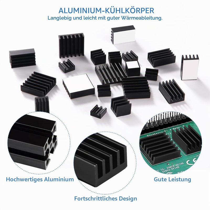 VooGenzek 20 Pieces Cooling Fins Aluminum Set Raspberry Pi 4, Raspberry Pi Aluminum Heatsink with Heat Conducting Tape, for Cooling Raspberry Pi, Black