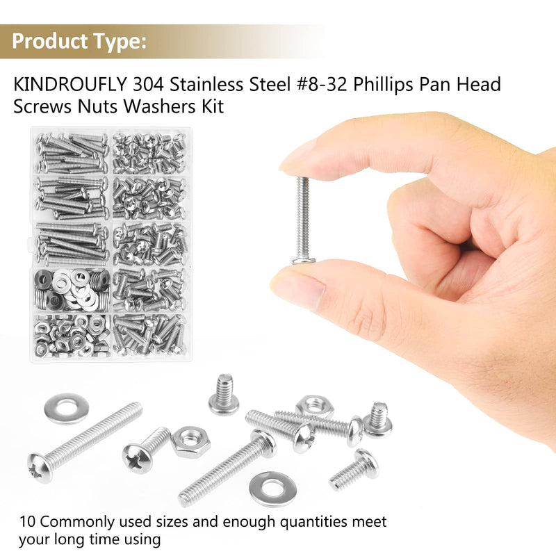 [Australia - AusPower] - 202 Pieces #8-32x 1/4", 5/16", 3/8", 1/2", 5/8", 3/4", 1", 1-1/4", Phillips Pan Head Machine Screws Nuts Washers Assortment Kit, 304 Stainless Steel, Fully Machine Thread #8-32 