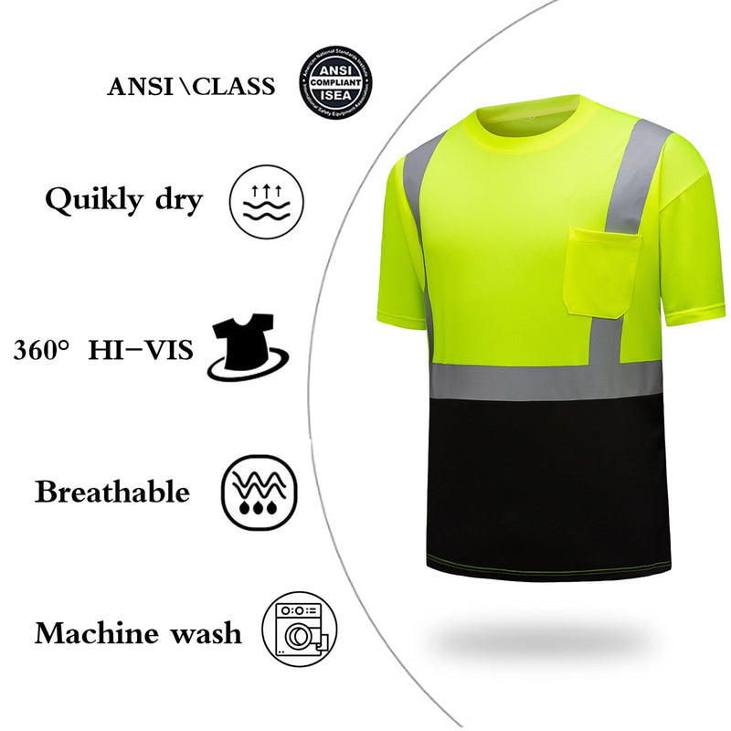 High Visibility Shirts Quick Dry Safety T Shirts with Reflective Strips and Pocket Short Sleeve Mesh Hi Vis Construction Work Class 2 Shirt for Men/Women Black Bottom Lime,Medium Medium Lime 02