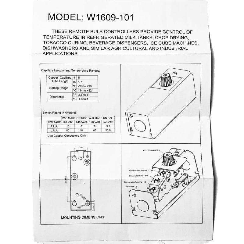 [Australia - AusPower] - W1609-101 Refrigeration Thermostat Temperature Controller Remote Bulb TH-1609 ( from -30 Degrees F to 90 Degrees F ,-34 Degrees C to 32 Degrees C, 5 Ft Capillary) 