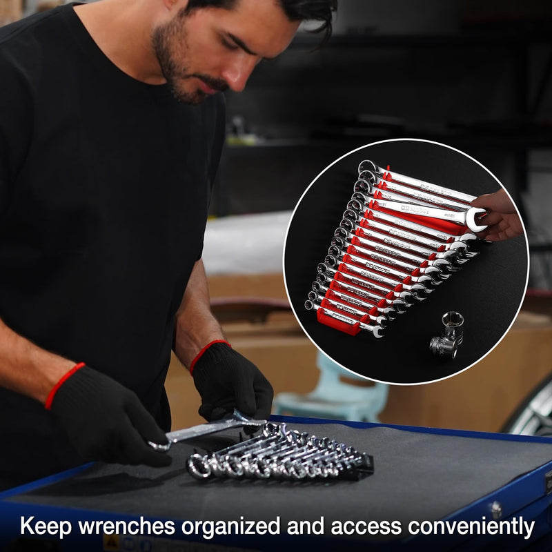 ALOANES 96-Slot ABS Plastic Wrench Organizer, Standard Hanging Wrench Organizer for Tool Box and Wall, Fit SAE & Metric Wrench Storage, 6 Pack Lightweight Wrench Holder(Red) Red 6Pack