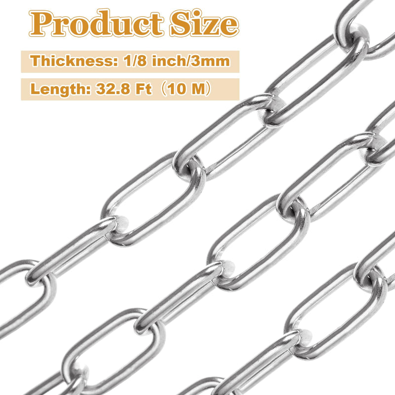 [Australia - AusPower] - 1/8" Stainless Steel Link Chain, Galvanized Metal Chain, 32.8 Ft Small Strong Chain Link Chain, Utility Metal Decorative Chain Camping Pet Dog Chain Hanging Chain for Bird Feeder Planters Signs 