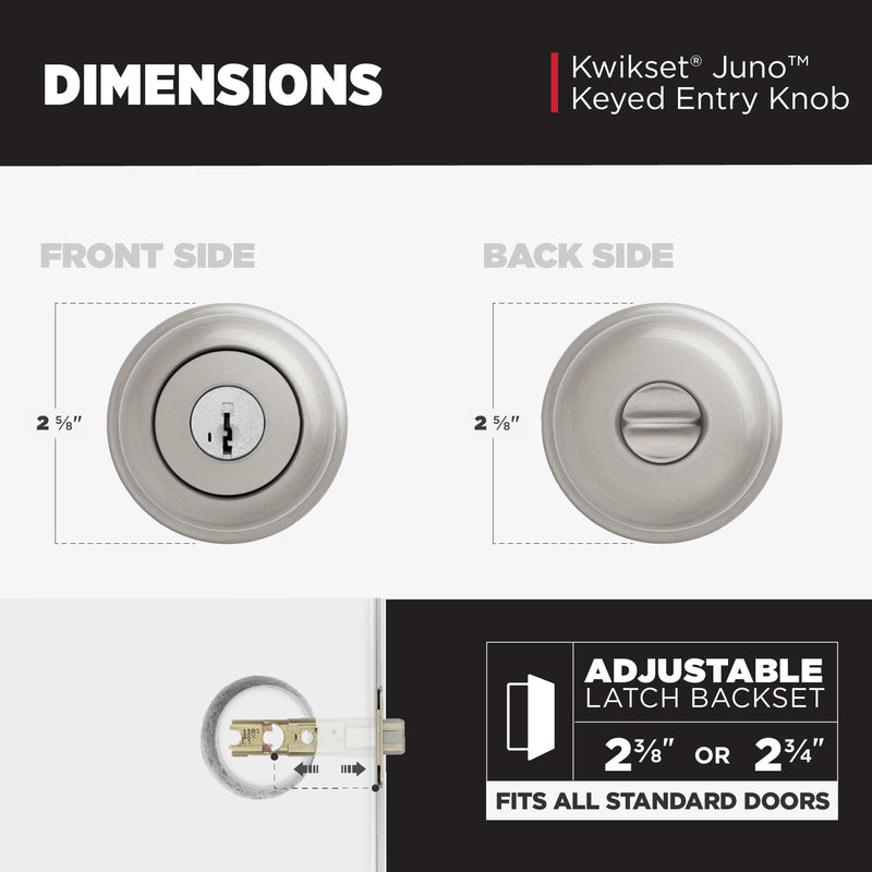 Kwikset Juno Entry Door Knob with Lock and Key, Secure Keyed Handle Exterior, Front Entrance and Bedroom, Satin Nickel, Pick Resistant SmartKey Rekey Security and Microban, 2 1 Pack Keyed Entry