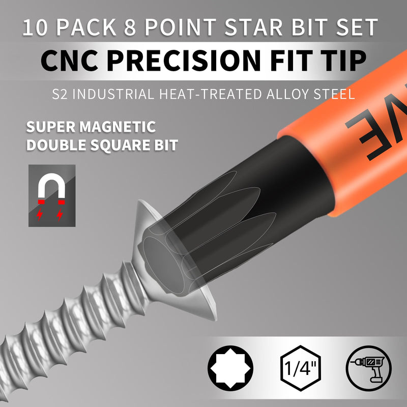 [Australia - AusPower] - 10-Pack 8 Point Star Bit - Professional 8 Point Torx Bit (Magnetic Heads & Hex Shank) - Double Square Bit Set Made of Premium S2 Alloy Steel - 8 Point Star Bit for Trailer - Sizes #1, 2 and #3 Blue 
