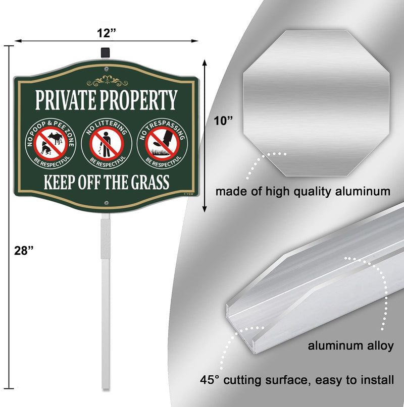 Private Property Keep Off Grass No Poop Pee Zone No Littering No Trespassing Sign 12" x 10" With 28" Long Metal Stakes Curb Your Dog Aluminum Outdoor Use Yard Lawn Home