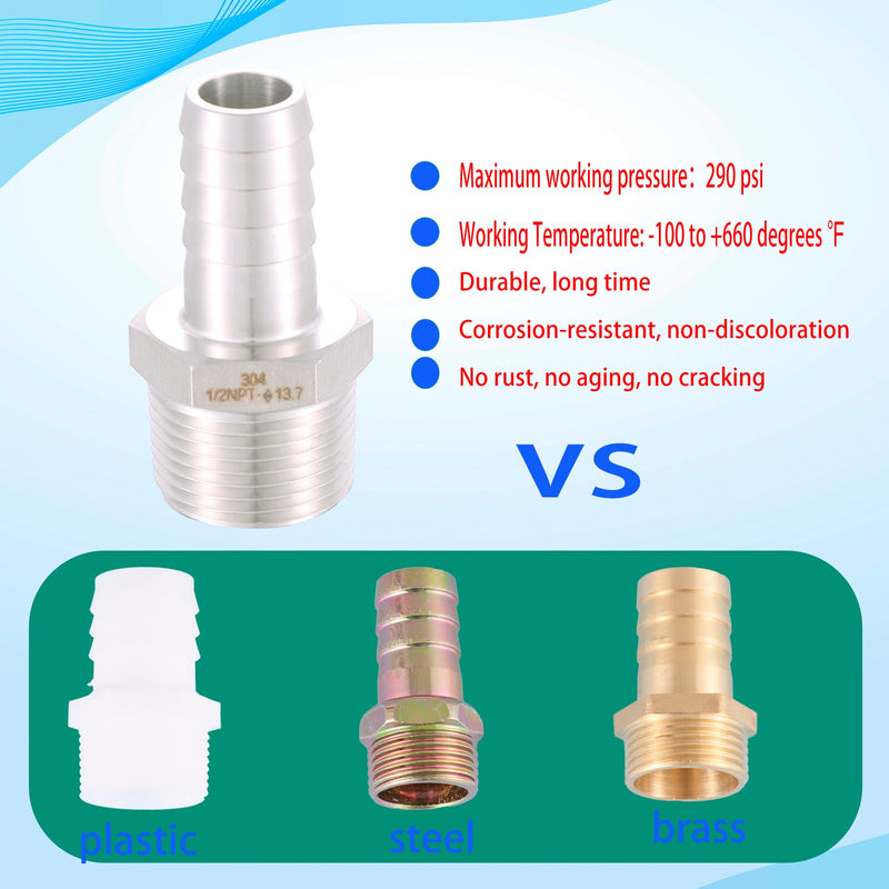 [Australia - AusPower] - 304 Stainless Steel 1/2" Hose Barb to 1/2" Male NPT Home Brew Fitting Water Fuel Air?lead-free (Pack of 2) 