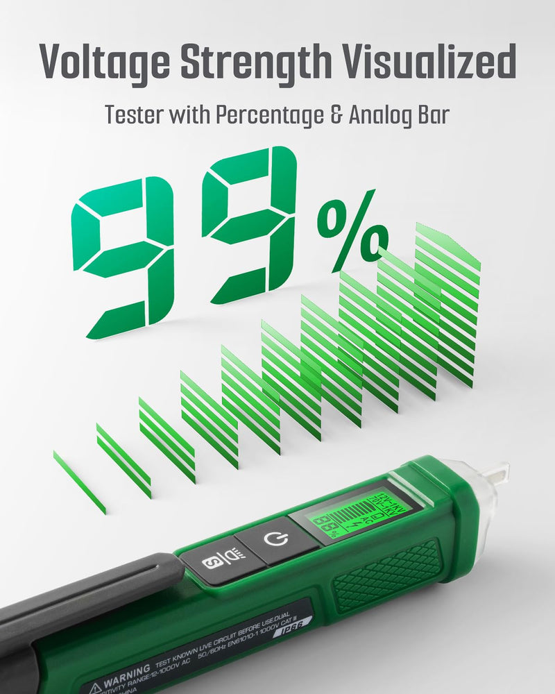[Australia - AusPower] - Voltage Tester, TESMEN TN-213 Non-Contact Voltage Tester, Electrical Tester, AC 12V-/70V-1000V, Dual-Range, LCD Display in Percentage, Buzzer Alarm, Live Wire Tester, Wire Breakpoint Finder - Green 