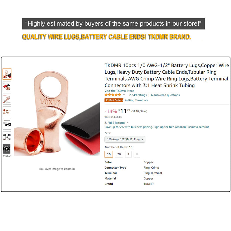 [Australia - AusPower] - TKDMR 10pcs 4 Awg-3/8" Ring Marine Grade Copper Wire Lugs,with 3:1 Heat Shrink Tubing,UL Battery Cable Ends,Heavy Duty Cable Lugs,Tinned Copper Eyelets,Tubular Ring Terminals 4 Awg - 3/8" (M10) Ring 10 