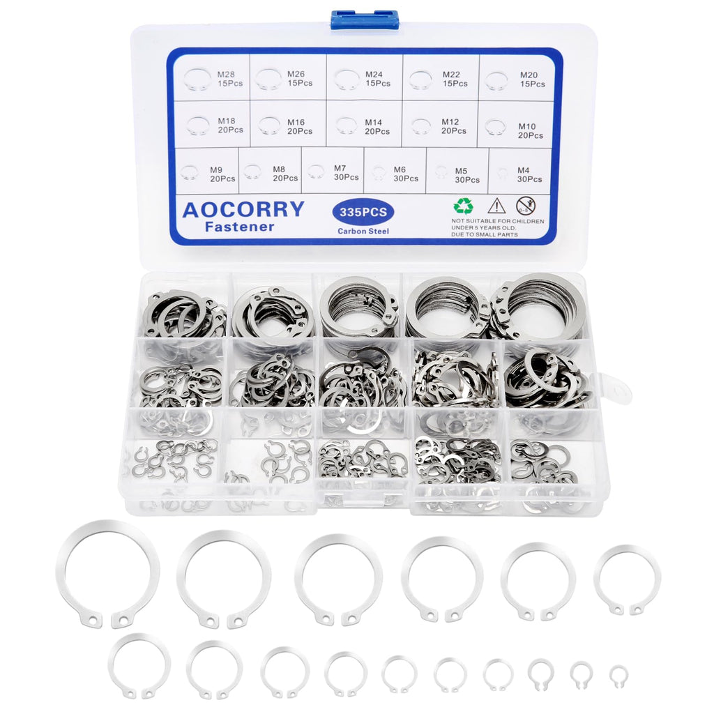 Snap Rings Assortment Kit, 335PCS External Retaining Rings Snap Ring Set, 15 Sizes C Clips Retainer Rings Set, External Circlip Snap Rings Set Silver-335PCS