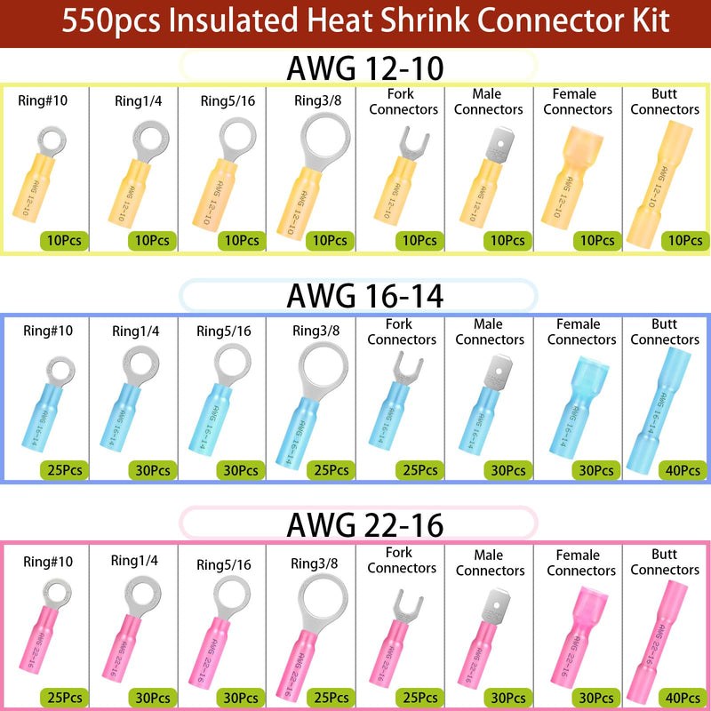 550Pcs Waterproof Heat Shrink Wire Connectors Kit, Automotive Electrical Connector Terminals Kit, Butt Fork Ring and Spade Crimp Connectors Assortment (22-10AWG) 550pcs-Assortment