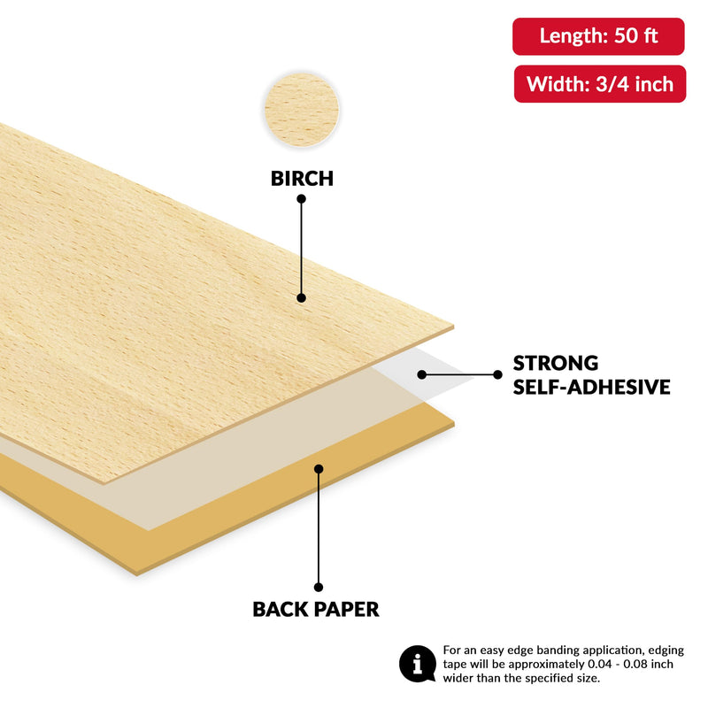Birch 3/4 inch x 50 feet Edge Banding Veneer Tape Peel Stick Adhesive Edging Veneer Trim Flexible Vinyl Strip Molding Wood Cabinet Laminate Shelf Furniture Countertop Formica Plywood Board Repair Birch 3/4 inch x 50 ft