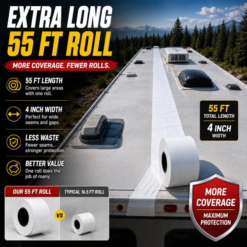 Trazon RV Roof Seal Tape 4 Inch x 55 Ft White - Professional Grade Butyl Sealant for RVs, Campers, Motorhomes, Trailers - Waterproof, UV Resistant, Easy DIY Leak Repair for Roofs, Vents, Windows