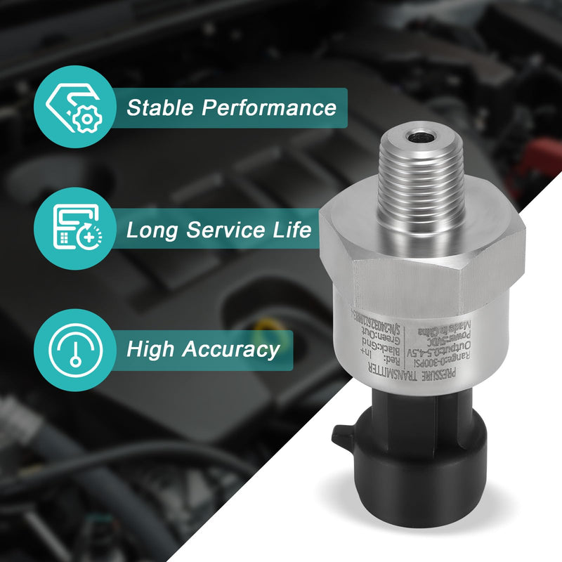 [Australia - AusPower] - 300 PSI Pressure Transducer Sender Sensor with 1/8" -27 NPT 316 Stainless Steel Thread and Harness Connector for Oil Fuel Air Water Pressure 300 PSI 
