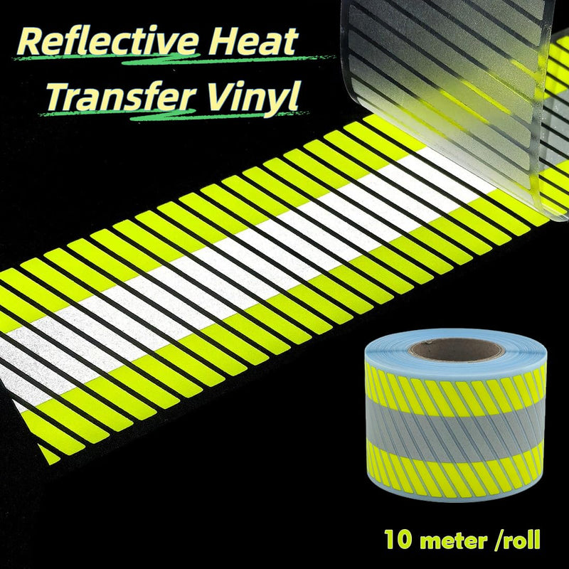JINBING Reflective Heat Transfer Vinyl Stripes Fluorescent Yellow with Silver Reflective Strip Elastic Iron On Tape for Clothing 2 inch x 33feet