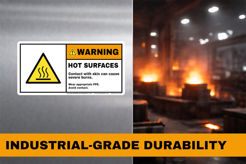 Hot Surface Warning Labels – ANSI Z535 Style WARNING Decals, 3.5” x 7” (Pack of 10) | Burn Hazard, PPE Required | Industrial Safety Stickers by Victory Lane Graphics