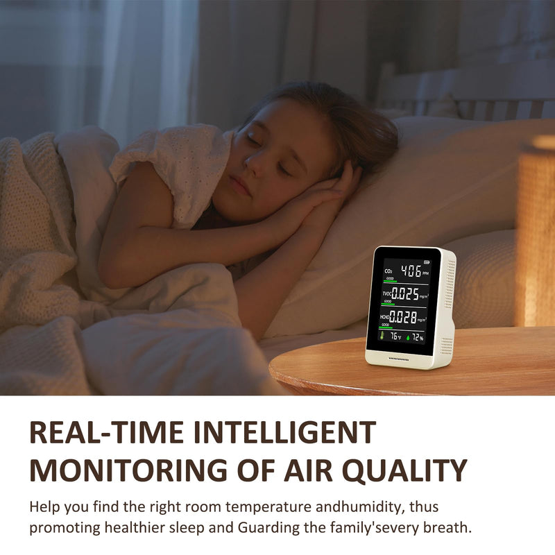 5-in-1 Air Quality Monitor Indoor for CO2/HCHO/TVOC/Temp/Hum, Portable Real-time Detector, LCD Display, Suitable for Baby Room, Living Room, Office, Kitchen, Warehouse
