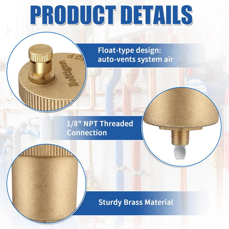 Boltigen 3 PCS 1/8 Inch NPT Brass Automatic Air Vent Valve, Heavy Duty Float Air Bleed Vent Kit for Hot Water Radiators Hydronic Heating Systems
