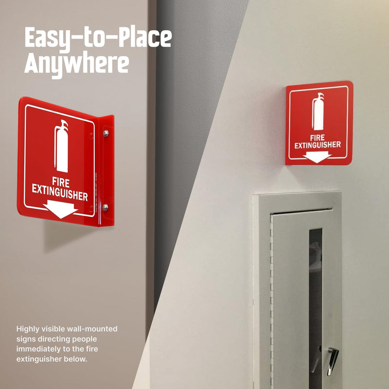 SmartSign (4-Pack) Fire Extinguisher Projecting Sign - 6" x 6", Two-Sided Wall Mount Polished Acrylic Hallway Sign with Down Arrow, White on Red 6" x 6" - Pack of 4